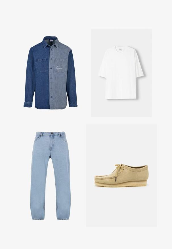 Jeanshemd mit einer einfarbigen dunkelblauen linken Seite und einer gestreiften hellblauen rechten Seite, ausgestattet mit einer Brusttasche und Logostickerei.; Weißes kurzärmliges T-Shirt aus Baumwolle mit Rundhalsausschnitt und lockerer Passform. Glatte Textur, ohne sichtbare Muster oder Akzente.; Hellblaue Denim-Jeans im Straight-Leg-Design, ausgestattet mit vier Taschen, einem Reißverschluss und goldenen Nähdetails.; Beige Wildlederschuh mit Schnürdesign, gestickten Details und Gummisohle. Die Form ist lässig mit einem leichten Keilabsatz.