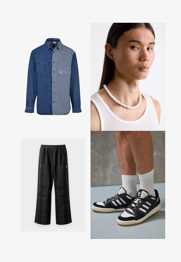 Denim särgil on tumeda sinise tooni üks külg ja heleda sinise triibuline teine külg, rinnakotis ja logo tikandiga.; Valge puuvillane T-särk ümmarguse logoga rinnakul. Ümar kaelus, lühikesed varrukad, mugav lõige, millel on punased ja mustad detailid.; Mustas ruudulised püksid, millel on elastne vöökoht, kaks esimest taskut ja laiem lõige sirge jala disainiga. Valmistatud kergest materjalist.; Mustvalged ja valged spordijalatsid, mille pealmine osa on valmistatud suede'ist ja nahast. Kingadel on kolm valget riba, auguline varvas ja kummist tald.; Valge koorekaelakee, mis on valmistatud ebaregulaarsetest kujunditest, kantakse sobiva valge särkide ülaosa peal. Sile tekstuur kerge läikega, tihedalt istuv disain.