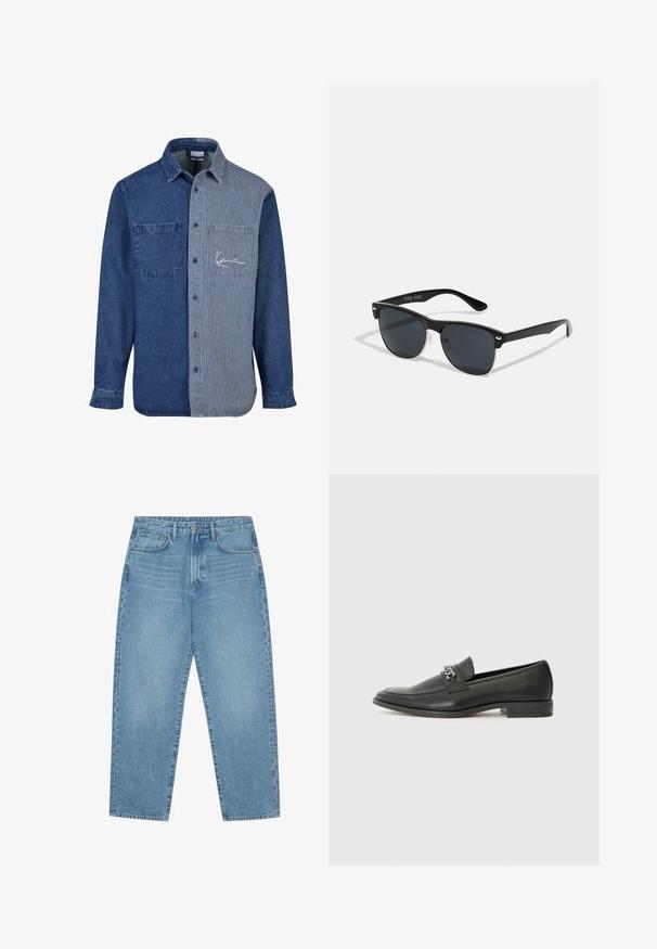 Camicia in denim con un lato sinistro di un blu scuro uniforme e un lato destro a righe di un blu chiaro, dotata di taschino sul petto e ricamo del logo.; Jeans a gamba larga in denim azzurro chiaro con vita alta, dotati di cinque tasche, passanti per cintura e una consistenza morbida e leggermente sbiadita.; Mocassino in pelle nera con finitura liscia, caratterizzato da un design cucito e da un accento decorativo in catena metallica sul vamp. Tacco piatto.; Occhiali da sole neri con forma rettangolare, lenti scure, dettagli in argento alle tempie e finitura opaca sulla montatura.