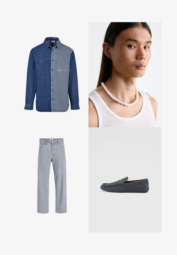 Džinsinis marškinys su tamsiai mėlyna vientisa kairiąja puse ir šviesiai mėlyna juostuota dešine puse, su krūtine kišene ir logotipo siuvinėjimu.; Šviesiai mėlynos džinsinės kelnės su laisvu siluetu, tiesiomis kojomis, matomomis siūlėmis, dviem priekiniams kišenėmis ir mygtukų užtrauktuku.; Pilki perforuoti loafers'ai su lengvu užmaunamu dizainu, turintys oranžinį akcentą, apvalią noselę ir tekstūruotą gumos padu.; Baltos kriauklės vėrinys, sudarytas iš netaisyklingų formų, nešiojamas virš prigludusio balto maikės. Lygus paviršius su subtiliu blizgesiu, artimai prigludusi konstrukcija.