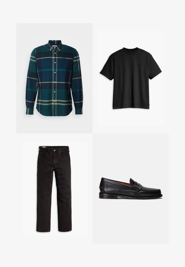 Zeleno-námorníková kostičkovaná košile s dlouhým rukávem, s límcem, bílými knoflíky a malým vyšitým logem na hrudi.; Černé bavlněné tričko s kulatým výstřihem a krátkým rukávem. Má decentní logo na přední straně a rovný lem. Jednoduchý a minimalistický design.; Černé džíny rovného střihu s pěti kapsami, zapínáním na knoflík a poutky na opasek, položené na bílém pozadí.; Černé kožené mokasíny s hladkým povrchem, zaoblenou špičkou a ozdobným páskem přes horní část. Mají nízkou černou podrážku.