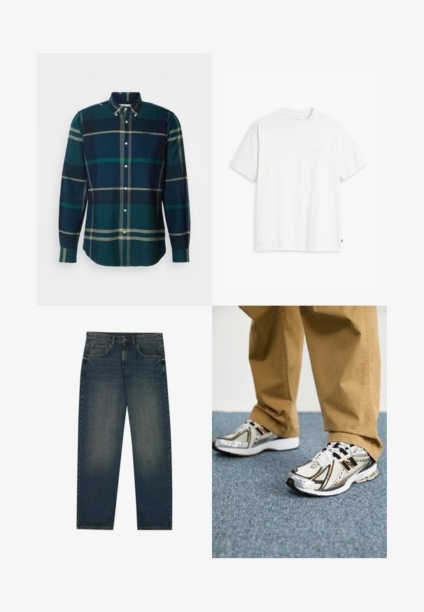 Zöld és sötétkék kockás, hosszú ujjú, gombos ing, gallérral, fehér gombokkal és egy kis hímzett logóval a mellkason.; Fehér pamut rövid ujjú póló, kerek nyakkivágással és egy finom, világos színű "Levi's" logóval az elején.; Sötétkék farmernadrág egyenes szabással, öt zsebes dizájnnal és enyhén kopott textúrával a lábakon. Kényelmes viselet mindennapi használatra.; Fehér és ezüst New Balance sportcipők fekete részletekkel és fűzőkkel, hálós felsőrésszel, párnázott talppal és dinamikus designnal.