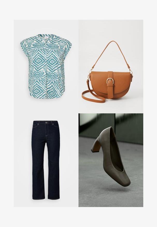 Camisola sem mangas em creme claro com padrões geométricos em teal, apresentando um colarinho redondo e pregas na parte da frente para adicionar textura.; Calças de ganga azul-escuro, design de perna reta, estilo de cinco bolsos, detalhes de costura subtis, fecho de correr com botão.; Sapato de salto alto em pele verde-oliva escura, com ponta quadrada e salto bloco, flutuando acima de um piso de concreto cinza com um fundo verde desfocado.; Bolsa transversal de couro castanho com um formato curvado, ferragens douradas e um detalhe de fivela. Inclui uma alça de ombro destacável.