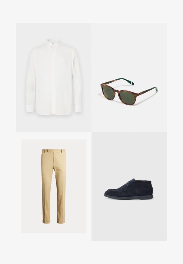 Hvid langærmet skjorte lavet af letvægtsstof, med klassisk krave, knaplukning og lige skåret kant. Glat tekstur.; Kaki chinos lavet af glat bomuldsstof, med en tætsiddende design, frontfold og manchetter ved anklen for et tapered look.; Mørkeblå ruskind chukka-støvle med rund tå og syninger. Har en glat gummisål og minimalistisk design uden synlig branding.; Skildpaddemønstret solbriller med grønne linser, rund form, guld detaljer og mørkegrønne stænger med en hvid stribe.