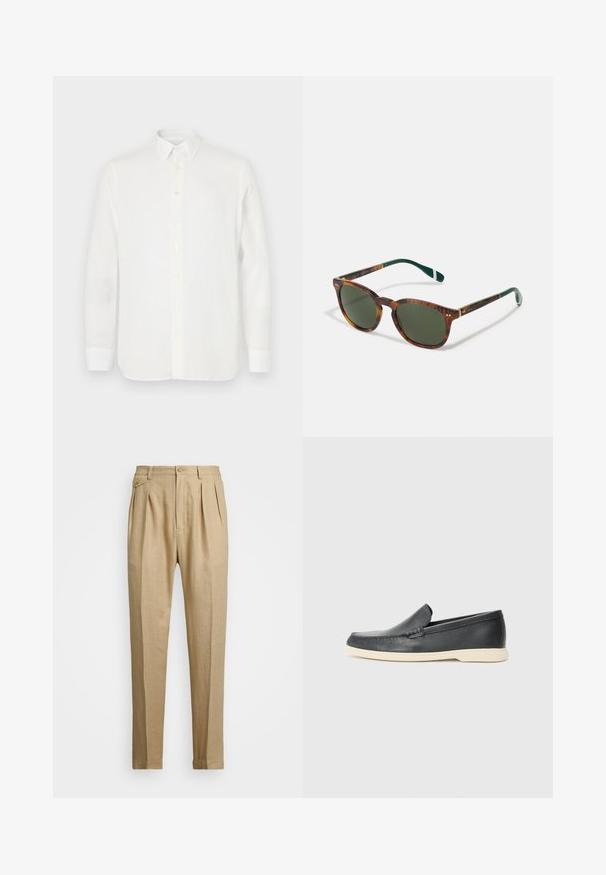 Camicia bianca a maniche lunghe realizzata in tessuto leggero, con colletto classico, chiusura a bottoni e orlo dritto. Texture morbida.; Pantaloni in lino beige con taglio dritto, dotati di due pince anteriori, chiusura con bottone e tasche laterali. Tessuto testurizzato con una finitura liscia.; Mocassini neri in pelle con finitura testurizzata e suola in gomma beige a contrasto. Presentano un accento sottile lungo la parte anteriore.; Occhiali da sole tartarugati con lenti verdi, forma rotonda, dettagli dorati e aste verde scuro con una striscia bianca.