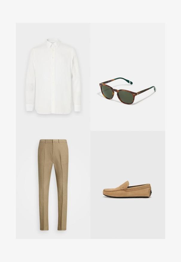 Biela košeľa s dlhým rukávom vyrobená z ľahkej látky, s klasickým stojacím golierom, zapínaním na gombíky a rovný strih spodnej časti. Hladká textúra.; Béžové chinos nohavice s textúrovanou látkou, s plochým predným dielom, štandardným pásom a zužujúcimi sa nohavicami, navrhnuté s prednými vreckami a čistým zakončením.; Béžová semišová mokasína s prešitým špikom, jednoduchým obutím a čiernou gumovou podrážkou. Obsahuje jemné logo na boku.; Korytnačkové slnečné okuliare so zelenými šošovkami, zaoblený tvar, zlaté akcenty a tmavozelené ramená s bielym prúžkom.