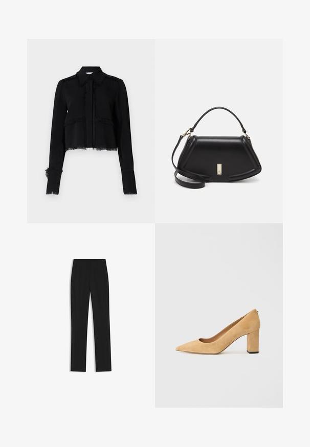 Schwarze, kurz geschnittene Jacke mit fransigen Kanten, langen Ärmeln, spitzem Kragen und Knopfverschluss aus einem glatten, leichten Stoff.; Schwarze maßgeschneiderte Hose mit geradem Bein, ausgestattet mit Fronttaschen und einem glatten, strukturierten Stoff. Saubere, minimale Details.; Beige Wildleder-Pumps mit hohem Absatz, spitz zulaufend und mit einem klobigen Blockabsatz. Das Material hat eine weiche Textur mit einer glatten Oberfläche.; Schwarze Lederhandtasche mit einem strukturierten Design, das eine verkürzte Form, einen oberen Griff und goldfarbene Hardware-Details aufweist. Verstellbarer Schulterriemen ist enthalten.