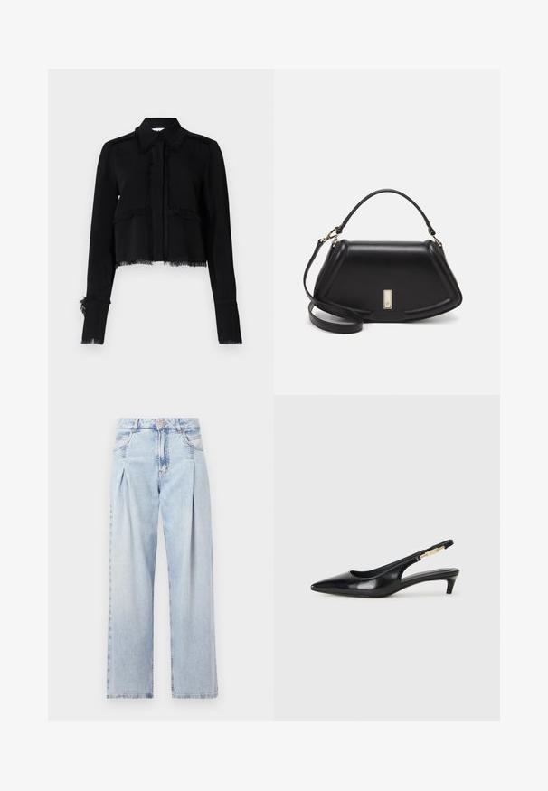 Svart cropped jakke med frynsete kanter, lange ermer, spiss krage og knappelukking i et glatt, lett stoff.; Lyseblå denimjeans med høy livlinje, vide ben, to sidelommer og plisserte detaljer. Myk tekstur med en falmet finish.; Sorte lærreim hæler med spiss tå, som har en slank hæl og en gullfarget detalj på den justerbare stroppen. Glatt tekstur.; Sort lærveske med en strukturert design, som har en avkortet form, topphåndtak og detaljer i gull. Justerbar skulderstropp inkludert.