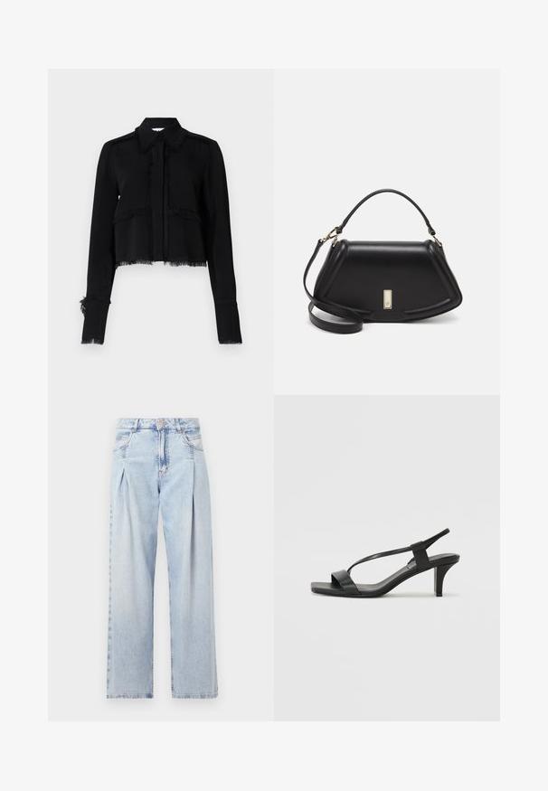 Čierna skrátená bunda s rozstrapkanými okrajmi, dlhými rukávmi, špicatým golierom a gombíkovým uzáverom vyrobená z hladkej, ľahkej tkaniny.; Svetlomodré džínsy s vysokým pásom, širším strihom po celej dĺžke, dvoma bočnými vreckami a skladaným dizajnom. Mäkka textúra s vyblednutým vzhľadom.; Čierne sandále na podpätku so štíhlym dizajnom popruhov, štvorcovou špičkou a stredne vysokým blokovým podpätkom. Vyrobené z hladkej kože s matným povrchom.; Čierna kožená kabelka so štruktúrovaným dizajnom, s krátkym tvarom, hornou rúčkou a zlatými prvkami. Súčasťou je nastaviteľný ramenný popruh.