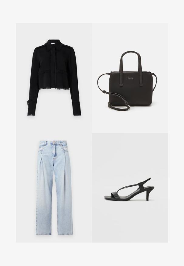 Schwarze, kurz geschnittene Jacke mit fransigen Kanten, langen Ärmeln, spitzem Kragen und Knopfverschluss aus einem glatten, leichten Stoff.; Helle blaue Denim-Jeans mit hoher Taille, weitem Beinschnitt, zwei seitlichen Taschen und gefaltetem Design. Weiche Textur mit einem ausgebleichten Finish.; Schwarze Absatzsandalen mit einem schlanken Riemendesign, quadratischer Zehenpartie und einem Blockabsatz mittlerer Höhe. Hergestellt aus glattem Leder mit matter Oberfläche.; Schwarze Handtasche mit zwei kurzen, doppelt geflochtenen Griffen und einem abnehmbaren Schulterriemen. Glattes, lederähnliches Material mit einem Reißverschluss und Logodetail.