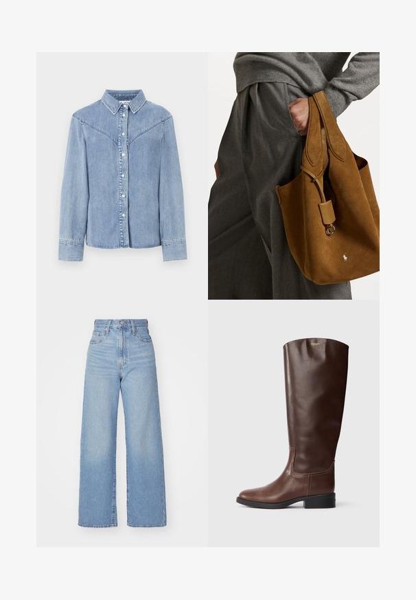 Helleblaue Denim-Hemd mit langen Ärmeln, geknöpfter Front, spitzem Kragen und einer yoke-artigen Detailgestaltung im Westernstil auf den Schultern.; Hellblaue High-Waist-Weite-Leg-Jeans mit Knopf- und Reißverschluss vorne, Vorder- und Rückentaschen, auf weißem Hintergrund.; Braune Lederstiefel bis zum Knie mit glatter Oberfläche, runder Zehenform und niedrigem Blockabsatz. Besitzt eine dezente Nahtverarbeitung und ein Logo an der Oberkante.; Braune Wildleder-Tote mit runder Form, doppelten Griffen und einem metallischen Hardware-Accessoire. Mit einem kleinen Logo auf der Vorderseite.