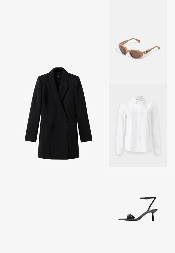 White long-sleeve shirt made from smooth cotton, featuring a classic collar, front button closure, and a chest pocket with a logo detail.; Black double-breasted blazer made of textured fabric. Features a notched collar, long sleeves, and two front pockets. Minimalist design.; Bershka High heeled sandals - black; Michael Kors EMPIRE OVAL - Sunglasses - camel; White handbag with a curved shape and smooth texture. Features a gold-tone logo accent and a zipper closure. Adjustable shoulder strap.