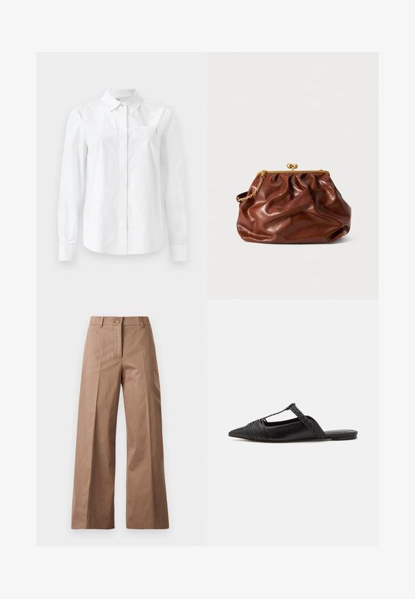 Biela košeľa s dlhým rukávom vyrobená z hladkej bavlny, s klasickým golierom, predným zapínaním na gombíky a náprsníkovou kapsou s logom.; Hnedé nohavice s širokými nohavicami vyrobené z hladkej látky, s predným zapínaním na gombík, dvoma prednými vreckami a čistými, precízne vykrojenými líniami.; Čierne kožené sandále so špičatou špičkou, ktoré majú tkaný detail a zborený dizajn vrchnej časti. Plochá podrážka s minimálnym hardvérom.; Hnedá kožená kabelka na klasické zatváranie so zlatým rámom a krátkym zlatým reťazovým držadlom, s jemnou, zhrbenou textúrou na bielom pozadí.