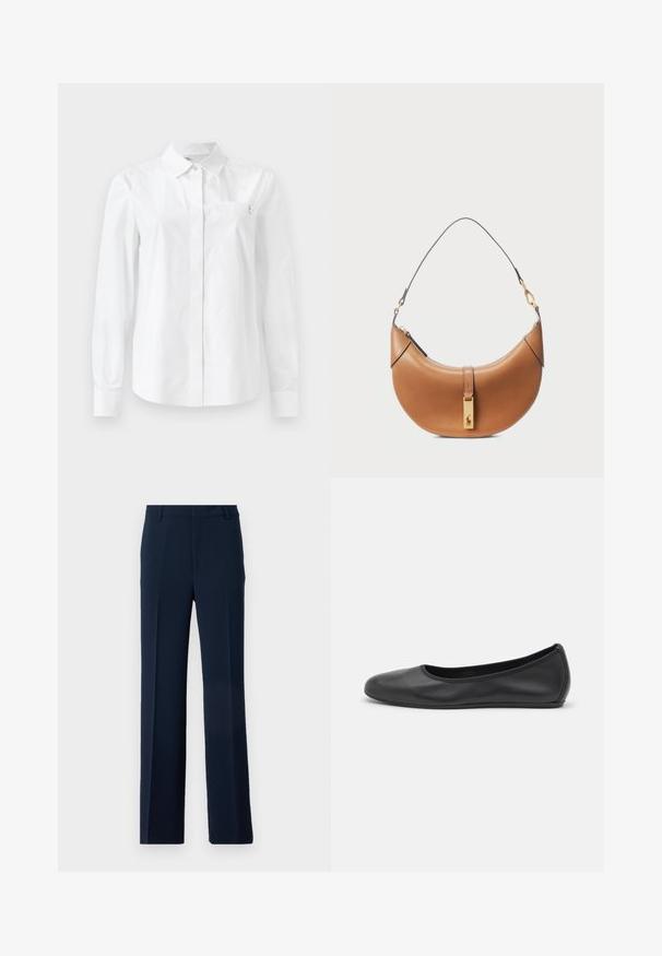 Chemise blanche à manches longues en coton lisse, avec un col classique, une fermeture à boutons à l'avant et une poche poitrine avec un détail de logo.; Pantalons bleu marine en tissu lisse, présentant un design à jambe droite avec des plis avant et des poches latérales pour une allure soignée.; Ballerines en cuir noir avec un bout rond, texture lisse, détails de couture minimalistes et design de semelle flexible.; Sac à main en cuir tan avec une forme incurvée, quincaillerie dorée et une fine bandoulière. Présente une fermeture éclair et un détail de logo à l'avant.