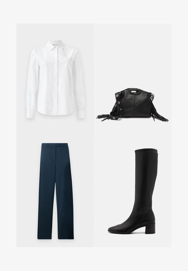 Bela dolga majica z dolgimi rokavi iz gladkega bombaža, ki ima klasičen ovratnik, sprednje zapiranje na gumb in žep na prsih s podrobnostjo logotipa.; Morskosinjene široke hlače z gladko teksturo, ravnim sprednjim delom in zankami za pas. Imajo minimalističen dizajn brez vidnih vzorcev ali dodatkov.; Tory Burch CAP-TOE KNEE HIGH BOOT - Škornji - perfect black; Maje MISS MINI - Torba čez telo - noir