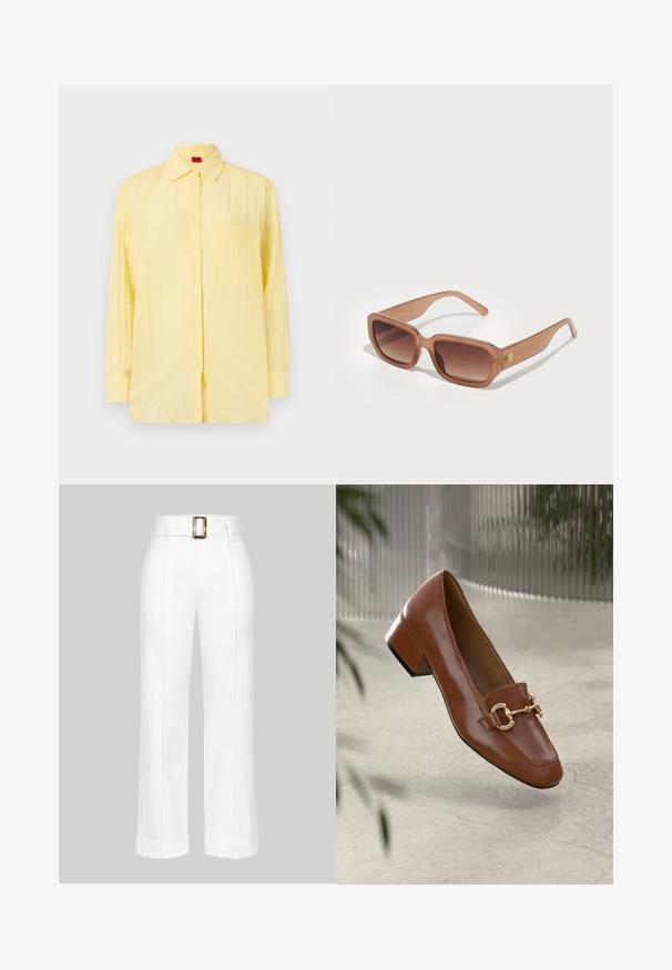 Camisa amarela de manga longa com colarinho abotoado, bolso no peito e um tecido texturizado. Apresenta botões brancos e um ajuste descontraído.; Calças largas brancas feitas de algodão. Apresentam uma cintura alta com uma grande fivela retangular e costuras decorativas ao longo das pernas.; Sandal com biqueira quadrada em couro patente castanho, com detalhe em corrente metálica e salto bloco baixo; textura suave, design minimalista.; Óculos de sol retangulares castanhos com lentes degradê, armações grossas e um detalhe do logótipo de lado. Material plástico suave, design minimalista.; Bolsa estruturada branca com alças curtas e uma alça de ombro, com detalhes em hardware dourado e material texturizado, exibida contra um fundo cinza.