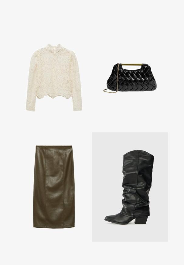 Mango Blus - off-white; Olivgrön kornivalsläderpencilkjol med en slät yta, knälång, med vertikala sömmar för en skräddarsydd look.; Svarta läderknähöga stövlar med en slapp design, spetsig tå och kraftig klack, med en mjuk yta och minimal sömnad.; Svart vävd läderhandväska med ett guldmetallhandtag och en avtagbar kedjestraps. Har en glänsande yta och mjuk, rundad form.