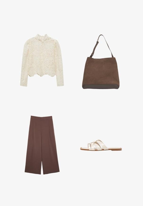 Mango - Bluzka; Brązowe spodnie o szerokich nogawkach z gładką fakturą, z wysokim stanem i plisami z przodu. Materiał jest lekki i luźno opada.; Płaskie sandały z brązową gumową podeszwą, zaprojektowane z trzema nakładającymi się na siebie białymi skórzanymi paskami i małym detalem w postaci kokardy na środku.; Brązowa torebka zamszowa o szerokiej sylwetce, z jedną regulowaną rączką i ciemniejszym brązowym skórzanym dnem. Minimalne logo na dole.