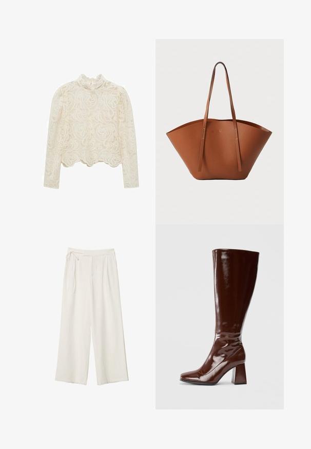 Mango Blouse - off-white; Pantalons larges en tissu blanc cassé avec une texture lisse. Dotés d'une taille nouée et d'un devant plissé, conçus pour un ajustement décontracté.; Bottes en cuir verni marron jusqu'aux genoux avec un bout carré, finition brillante et un talon épais pour la stabilité. Design sans couture sans matériel visible.; Sac fourre-tout en cuir marron avec une forme large et structurée, des poignées fines et une finition texturée. Présente un design minimaliste sans matériel visible.