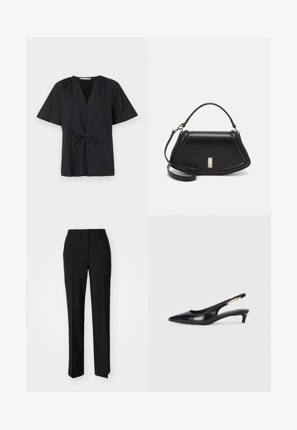 Black top with a V-neck, short sleeves, and a tie waist. Features textured, patterned fabric on the sleeves and a smooth body.; Black tailored trousers with a straight-leg design, featuring a smooth texture and crisp creases along the front. No visible hardware.; Black leather slingback heels with a pointed toe, featuring a slim heel and a gold-tone accent on the adjustable strap. Smooth texture.; Black leather handbag with a structured design, featuring a cropped shape, top handle, and gold hardware accent. Adjustable shoulder strap included.