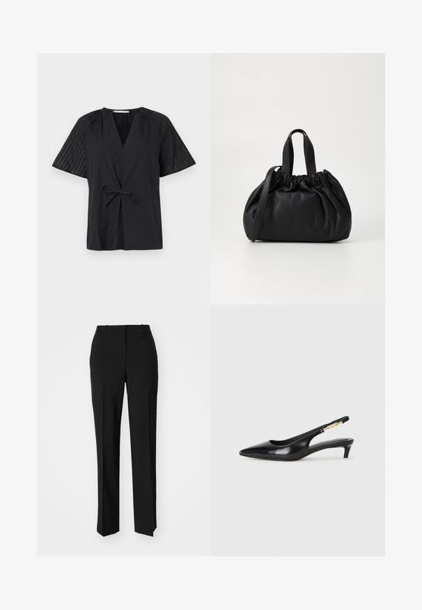 Crna majica s V-izrezom, kratkim rukavima i strukiranim pojasom. Ima teksturirano, uzorkovano platno na rukavima i glatko tijelo.; Crne krojene hlače ravnog kroja, s glatkom teksturom i oštrim pregibima naprijed. Bez vidljivih metalnih dijelova.; Crne kožne sandale s petom, s izduženim vrhom, imaju usku petu i zlatni akcent na podesivoj traci. Glatka tekstura.; Crna kožna torba s nabranim dizajnom na vrhu, s dva kratka ručka i dugim podesivim remenom. Glatka tekstura, zaobljen oblik.