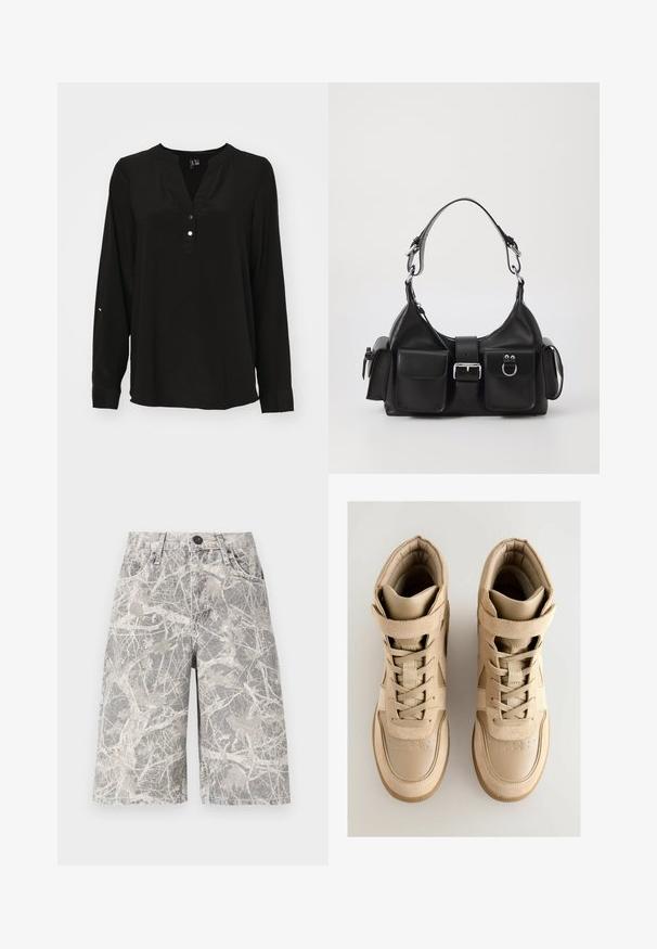 Blusa nera a maniche lunghe con scollatura rotonda, tre bottoni decorativi sulla pattina e vestibilità morbida. Tessuto di texture liscia.; Shorts in denim a motivo camouflage in tonalità di grigio e beige, con un classico design a cinque tasche e chiusura con bottone in metallo.; Sneaker alta beige con tomaia in suede e pelle testurizzata, dotate di chiusura con lacci, una cinta in velcro e suola in gomma.; Borsa a tracolla in pelle nera con design curvo, tracolla regolabile, due tasche frontali e dettagli in metallo argentato. Presenta un particolare centrale con fibbia.; Collana d'argento a più strati con catene, perle bianche, charm a forma di stella e mezzaluna, e un ciondolo rotondo alla base che presenta un design a raggiera.