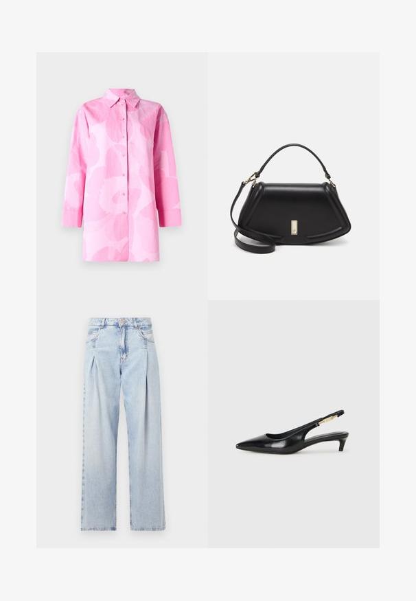 Marimekko HEITTO UNIKKO - Button-down blouse - light pink/pink; Light blue denim jeans with a high waist, wide-leg cut, two side pockets, and pleated design feature. Soft texture with a faded finish.; Black leather slingback heels with a pointed toe, featuring a slim heel and a gold-tone accent on the adjustable strap. Smooth texture.; Black leather handbag with a structured design, featuring a cropped shape, top handle, and gold hardware accent. Adjustable shoulder strap included.