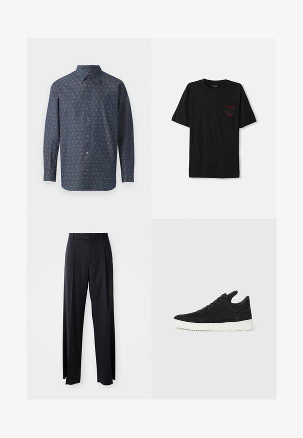 Tamsiai mėlynos spalvos mygtukų marškiniai, pagaminti iš audinio su tekstūriniu mažų baltų ir šviesiai mėlynų raštų spaudiniu. Marškiniai turi standartinį apykaklę ir ilgomis rankovėmis.; Juoda medvilnės marškinėliai trumpomis rankovėmis, su raudonu siuvinėjimu širdelės formos kairėje krūtinės pusėje. Klasikinis apvalus iškirpimas, laisvas modelis.; Juodi, aukštai užtraukiami kelnių modeliai su plačiomis kojomis, pagaminti iš lygaus audinio. Yra priekiniai raukšlės ir diržo kilpos. Minimalistinio dizaino, be matomų detalių.; Juodų suede sportbačių su balta gumine padu, su toniniais siuvinėjimais ir raištelių užsegimu. Sklandus paviršius su šiuolaikine, laiko forma.