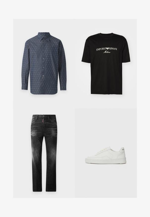 Button-up shirt in dark navy fabric with a textured print of small white and light blue patterns, featuring a standard collar and long sleeves.; Black cotton T-shirt featuring a round neckline, short sleeves, and "EMPORIO ARMANI" logo in white above "Milano" in a curved design.; Black denim jeans with a straight fit. Features faded areas, minor distressing, classic five-pocket design, and a button closure.; White leather sneaker with a smooth finish, round toe, flat laces, and a textured sole. Features a subtle logo on the heel.