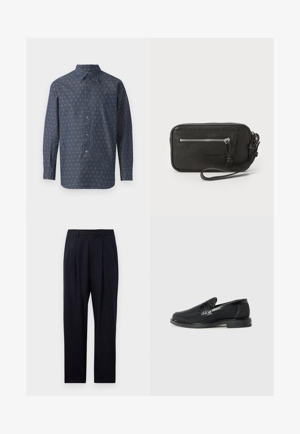 Tamsiai mėlynos spalvos mygtukų marškiniai, pagaminti iš audinio su tekstūriniu mažų baltų ir šviesiai mėlynų raštų spaudiniu. Marškiniai turi standartinį apykaklę ir ilgomis rankovėmis.; Tamsiai mėlynos tiesaus kirpimo kelnės, pagamintos iš tekstūruotos medžiagos, su dviem priekinėmis raukšlėmis, diržo kilpomis ir užtrauktuku.; Juodas pintas slip-on tipo batelis su lygiu odiniu akcentu viršuje, apvalios nosies dizainas ir žemas guminis padas.; Juodas odinis delninukas su tekstūruotu paviršiumi, priekinė užtrauktuko kišenė ir nuimama riešo juosta. Priekyje yra logotipo etiketas. Stačiakampio formos.