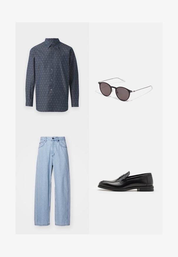 Napapaita tummansinisestä kankaasta, jossa on teksturoitu printti pienistä valkoisista ja vaaleansinisistä kuvioista. Paidassa on tavallinen kaulus ja pitkät hihat.; Vaaleansiniset farkut, joissa on leveä lahje, etutaskut, napitus ja yksityiskohtainen ompelu saumoissa.; Mustat nahkakengät, joissa on sileä pinta, pyöreä kärki ja koristeellinen nauha jalkapöydän yli. Matala pinoitu koroke, minimalistinen muotoilu.; Musta pyöreä aurinkolasit tummilla linsseillä ja kapeilla metallikehyksillä. Sisältää kirkkaat temppelet ja hopeiset yksityiskohdat saranassa. Minimalistinen muotoilu.