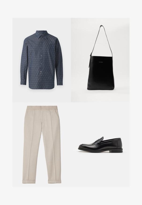 Overhemd met knoopsluiting van donkerblauwe stof met een gestructureerd patroon van kleine witte en lichtblauwe dessins, voorzien van een standaard kraag en lange mouwen.; Filippa K TERRY CROPPED TROUSERS - Broek - sage melange; Zwarte leren instappers met een gladde textuur, ronde neus en een decoratieve band over de wreef. Lage, gestapelde hak en minimalistisch ontwerp.; Zwarte leren schoudertas met een gladde textuur, rechthoekige vorm en een lange schouderband; bevat een klein wit logo in het midden.