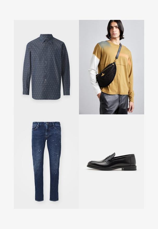 Camicia button-up in tessuto blu scuro con una stampa texturizzata di piccoli motivi bianchi e azzurri, dotata di colletto standard e maniche lunghe.; Jeans in denim blu scuro con vestibilità slim, caratterizzati da schizzi di vernice, cuciture visibili e design classico a cinque tasche. Taglio dritto.; Mocassini neri in pelle con una texture liscia, punta arrotondata e una striscia decorativa sulla tomaia. Tacco basso impilato, design minimalista.; Vivienne Westwood CITY BUMBAG UNISEX - Marsupio - black