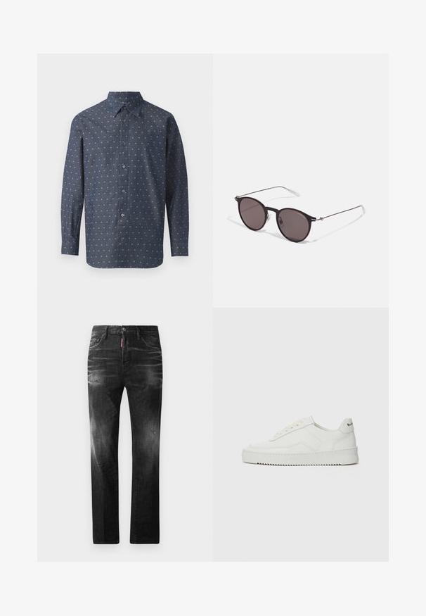 Button-up shirt in dark navy fabric with a textured print of small white and light blue patterns, featuring a standard collar and long sleeves.; Black denim jeans with a straight fit. Features faded areas, minor distressing, classic five-pocket design, and a button closure.; White leather sneaker with a smooth finish, round toe, flat laces, and a textured sole. Features a subtle logo on the heel.; Black round sunglasses with dark lenses and slim metal arms. Includes clear temple tips and silver accents at the hinge. Minimalist design.