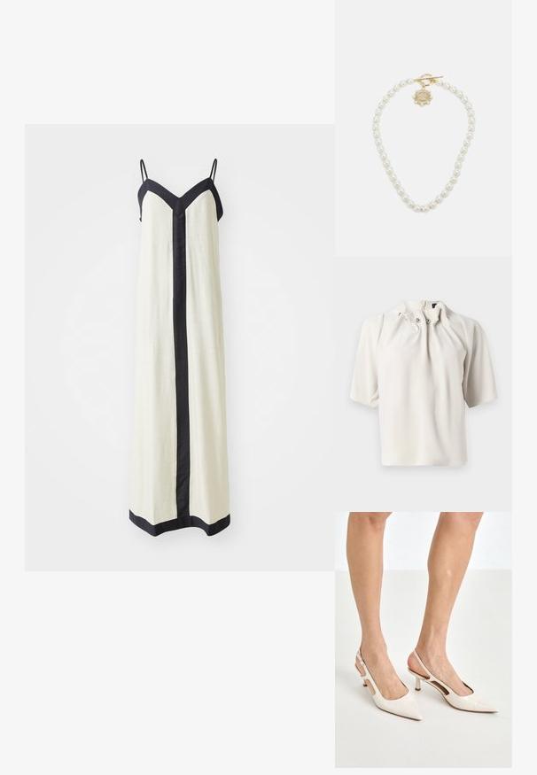 Lühikese varrukaga, heleda beeži värvi pluus, millel on volditud kaelus, dekoratiivsed nööbid ja peidetud selja tõmblukk. Sile kangastekstuuri.; Kreemivärvi sans-sleeve maxi kleit, millel on sügav V-kaelus ja must ääris servadel ja ees. Valmistatud kerge kangaga.; Beesek patentnaha slingback kontsad 5 cm kontsaga, millel on terav nina ja lõigatud külgedega ning õhuke pahkluu rihm.; Valge lilleline käekott, millel on volditud kangapind, kuldne ahelakott ja metallist klamber. Omab tekstureeritud kroonlehti, mis lisab detailidele sügavust.; Lauren Ralph Lauren COLLAR - Kaelakee - gold-coloured/white