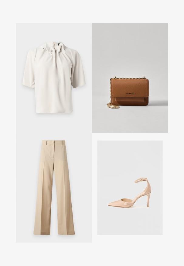 Bluză cu mânecă scurtă, de culoare bej deschis, cu guler plisat, având nasturi decorativi și un fermoar ascuns la spate. Textură de țesătură netedă.; Pantaloni bej cu picioare largi, confecționați dintr-un material neted, cu un front plat și plisse, fermoar la șold și curea. Croi adaptat pe tot corpul.; Pantof nude din piele lacuită, cu vârf ascuțit, curea la gleznă și toc stiletto, având o textură netedă și un design minimalist.; Geantă crossbody din piele texturată maro, cu curea din lanț aurit și închidere cu clapetă. Partea din față prezintă detalii cu logo și o buzunar sub clapetă.