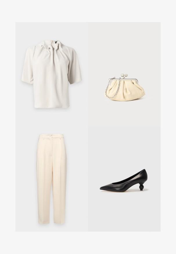 Īsām piedurkņu, gaiši bēšs blūze ar savilktu apkakli, kurai ir dekoratīvas pogas un slēpts aizmugurējais rāvējslēdzis. Gluda auduma tekstūra.; Beige pielāgotas bikses ar taisnu piegriezumu, priekšpusē ar krokām, gluda tekstūra un vidējas augstuma jostasvieta. Nav redzamu kabatu.; Melnas ādas augstpapēžu kurpes ar smailu purngalu un apaļu papēdi. Gluda tekstūra ar elegantu, minimālistisku dizainu.; Rūpīgi pleatota bežīga ādas somiņa ar sudraba metāla rāmi, kurai ir divas apaļas dekoratīvas sprādzes un sudraba ķēdes siksna.