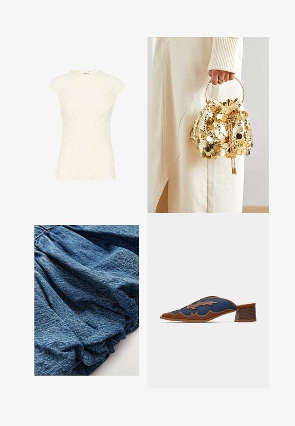 Fehér csipke felső fodros nyakkivágással és rövid ujjakkal. Az anyagon texturált virágminta található. Puha anyagú, testhezálló fazonnal.; Sötétkék árnyalatú farmeranyag, amelynek gyűrt textúrája puha redőket alakít ki. Simább felület finom színváltozásokkal.; Farmer slip-on mules hegyes orral, barna bőr díszítéssel és hullám mintázattal részletes varrással. Alacsony, rétegelt fa sarok.; Arany flitteres húzózsinóros kézitáska kör alakú fogantyúval, csillogó kerek flitterekkel és texturált anyaggal. A méretek nincsenek megadva.