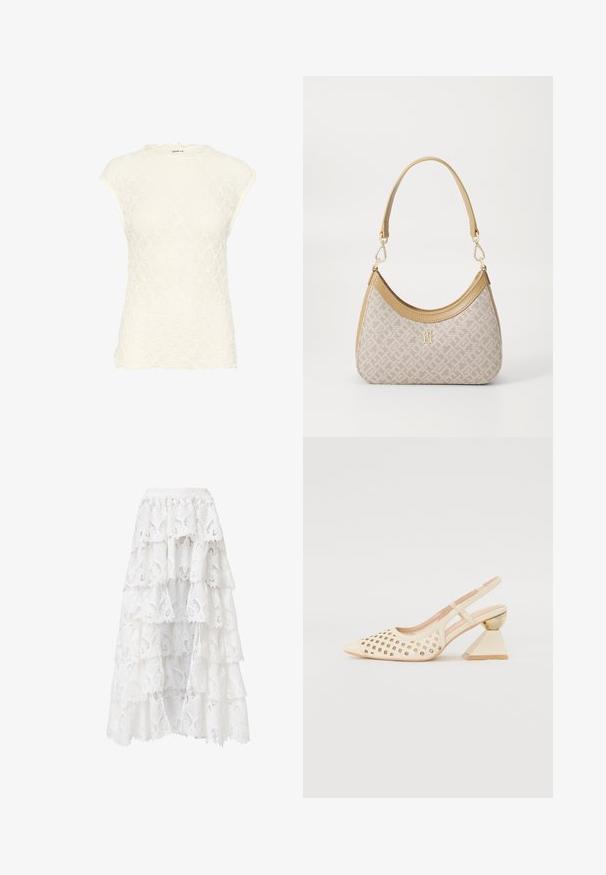 Biała koronkowa bluzka z falbaniastym dekoltem i krótkimi rękawami. Zawiera teksturowany wzór kwiatowy na całej powierzchni. Miękka tkanina o dopasowanym kroju.; Biała spódnica koronkowa z wielowarstwowym wzorem i falbaniastymi krawędziami. Materiał posiada kwiatowy wzór i fakturę, co nadaje jej warstwowy wygląd.; Beżowe buty typu slingback z perforowaną cholewką, spiczastym noskiem i kontrastowym trójkątnym obcasem z złotym akcentem. Całość ma gładką fakturę.; Beżowa torebka w wzory o zakrzywionym kształcie, z skórzanymi akcentami i złotym logo z przodu. Posiada krótki uchwyt, co ułatwia noszenie.; Lauren Ralph Lauren - Naszyjnik