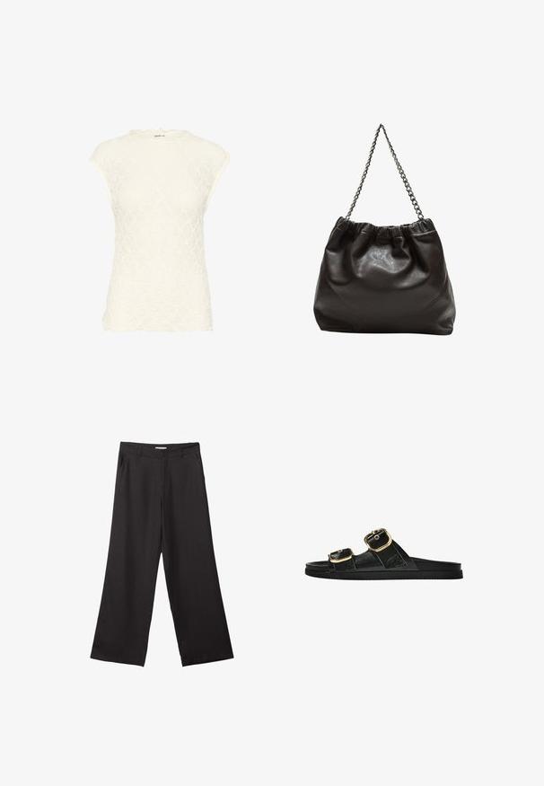 Weißes Spitzenoberteil mit einem gewellten Ausschnitt und kurzen Ärmeln. Verfügt über ein strukturiertes florales Muster. Aus weichendem Stoff mit einer figurbetonten Passform.; Schwarze weite Hosen aus glattem Stoff, mit einem Reißverschluss vorne und zwei seitlichen Taschen, maßgeschneiderter Passform und minimalistischem Design.; Schwarze Riemensandale mit zwei goldenen Schnallendetails, glattem Material, flachem Sohlen und minimalistischer Gestaltung.; Braune Lederhandtasche mit gerafftem Oberteil und Kettenriemen. Glatte Textur mit glänzendem Finish und subtilen Nahtdetails an den Seiten.