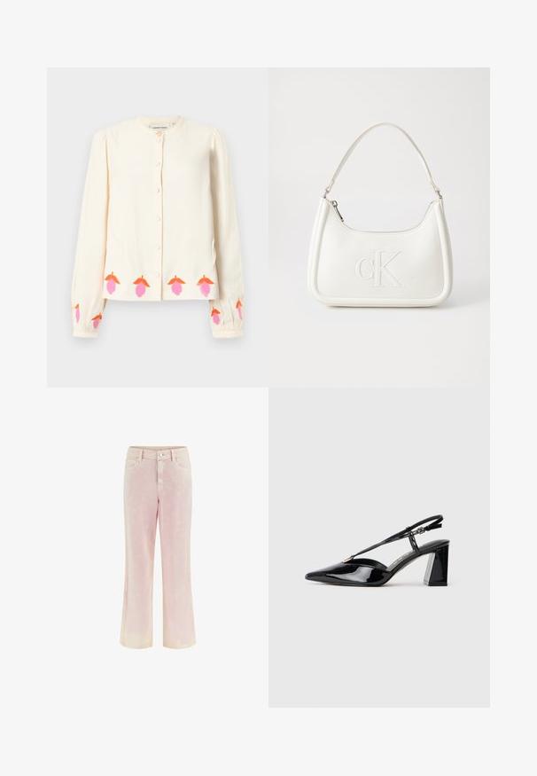 Kremna bluza z dolgimi rokavi in krožnim ovratnikom, z gumbom za zapiranje in vezenimi cvetličnimi motivi v roza in oranžni barvi ob robu in manšetah.; Svetlo roza razširjene jeans hlače, izdelane iz denima z rahlo obrabljenim izgledom. Imajo pet žepov in sprednje zapiranje na gumb.; Črne lakirane slingback visoke pete z ostrim nosom, nastavljivim trakcem in debelim pravokotnim peto.; Bela usnjena torbica s ukrivljeno obliko, ki na sprednji strani nosi vžgano logo "CK" in ima eno naramnico. Zadrga za zapiranje na vrhu.