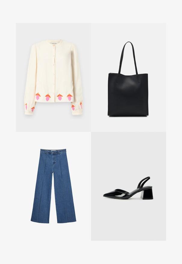 Cream long-sleeve blouse with a round neckline, button closure, and embroidered floral designs in pink and orange at the hem and cuffs.; Wide-leg denim jeans in medium blue, featuring a high waist, button closure, and contrasting vertical seam details along the front.; Black patent leather slingback heels with a pointed toe and a geometric block heel. Features a sleek, minimal design and smooth texture.; Black leather tote bag with smooth texture, rectangular shape, and two long handles. No visible hardware or embellishments.