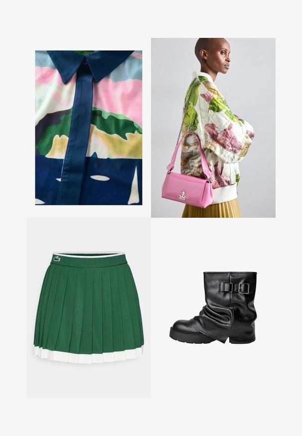 Button-up shirt with a colorful abstract pattern. Made of smooth fabric, featuring a dark collar and placket with pastel hues.; Green pleated skirt with a textured waistband. Features white accents at the hem and a small brand logo on the waistband.; Black leather ankle boot featuring a slouched design, square toe, and a side buckle accent. Thick sole provides added height and stability.; Quilted floral bomber jacket in green, pink, and beige; paired with a glossy pink handbag featuring a chain strap and logo hardware.