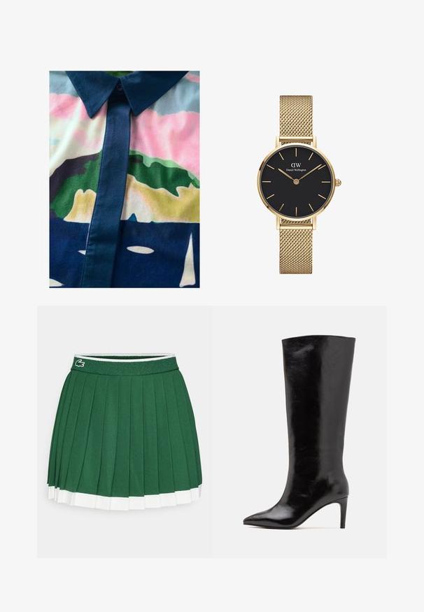 Cămașă cu nasturi, având un model abstract colorat. Confecționată dintr-un material fin, cu guler și plastron întunecate și nuanțe pastelate.; Fustă plisată verde cu un tiv texturat. Prezintă accente albe la margine și un mic logo al brandului pe talie.; Call it Spring RHODDE - Cizme cu toc - black; Ceas cu brățară din plasă de aur, având un cadran rotund negru, indicatoare minimalistice și o crown argintie; prezintă un logo la poziția 12.