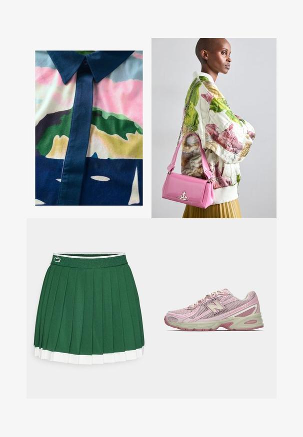 Camicia abbottonata con un motivo astratto colorato. Realizzata in tessuto liscio, presenta un colletto e una patta scuri con tonalità pastello.; Gonna plissettata verde con una cintura testurizzata. Presenta accenti bianchi all'orlo e un piccolo logo del marchio sulla cintura.; Sneaker New Balance 740 in rosa e beige con tomaia in mesh e sintetico, chiusura con lacci e suola imbottita, mostrato in profilo laterale.; Giacca bomber foderata a fiori in verde, rosa e beige; abbinata a una borsa lucida rosa con catena e hardware logo.