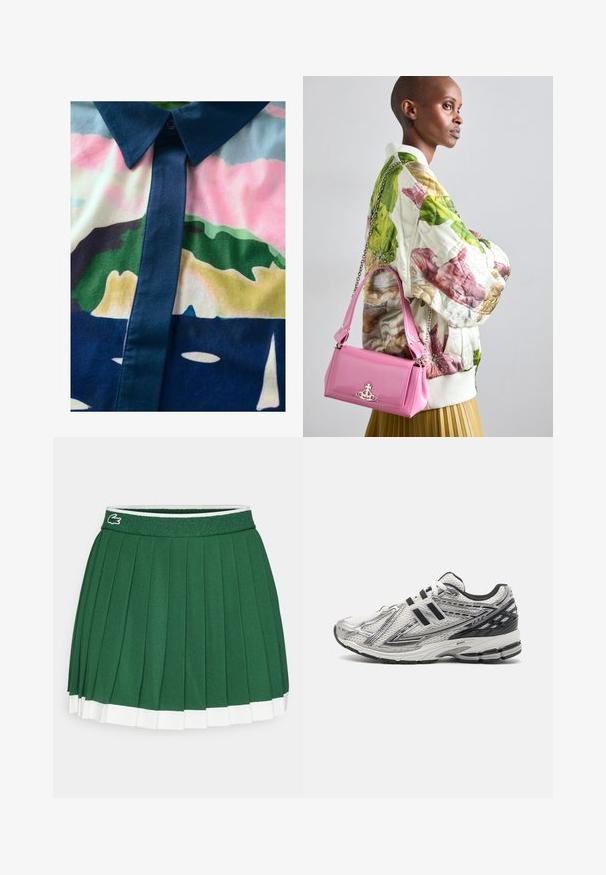 Chemise à boutons avec un motif abstrait coloré. Fabriquée en tissu lisse, avec un col et une patte de boutonnage sombres aux teintes pastel.; Jupe plissée verte avec une taille texturée. Présente des accents blancs au niveau de l'ourlet et un petit logo de la marque sur la taille.; Baskets de course pour hommes en maille blanche avec des accents noirs, dotées d'une semelle rembourrée, d'un design à lacets et d'une surface texturée pour une meilleure adhérence.; Veste bomber matelassée à fleurs en vert, rose et beige ; accompagnée d'un sac à main rose brillant avec une bandoulière en chaîne et un matériel logo.