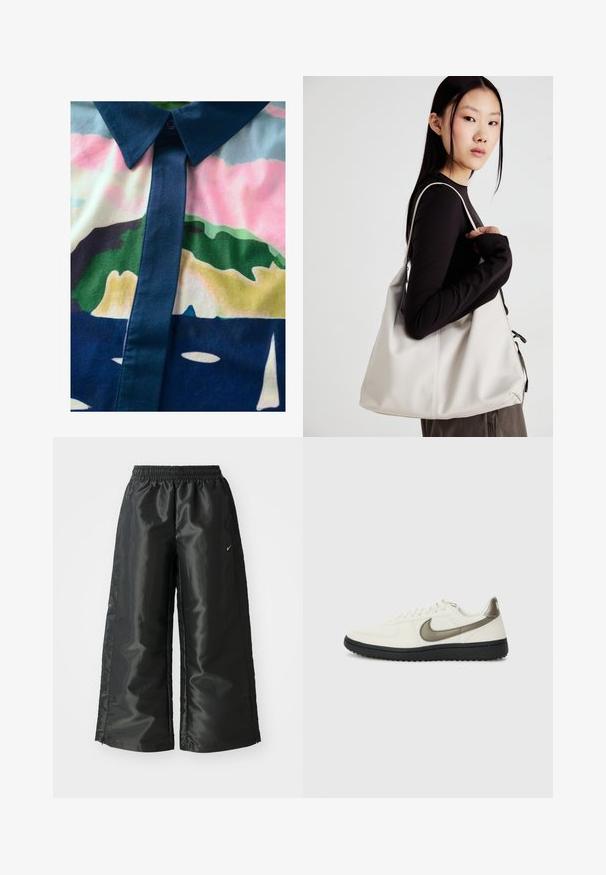 Cămașă cu nasturi, având un model abstract colorat. Confecționată dintr-un material fin, cu guler și plastron întunecate și nuanțe pastelate.; Pantaloni sportivi negri dintr-un material lucios si neted, dotati cu o talie elastica, picioare late si un logo mic pe partea stanga.; Nike Sportswear FIELD GENERAL - Sneakers low - off-white/black; Geantă bej din material moale, cu un design lejer, detalii cusute și două bretele pentru umăr. Potrivită pentru utilizarea zilnică.