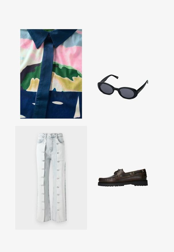 Button-up shirt with a colorful abstract pattern. Made of smooth fabric, featuring a dark collar and placket with pastel hues.; Light blue denim jeans with silver button accents, featuring a wide-leg design and side panels. The fabric displays a textured finish.; Brown leather boat shoe with moccasin-style stitching, metal eyelets, and a textured black rubber sole.; Black oval sunglasses with dark lenses, thick plastic frame, slightly curved design, and gold logo detail on the temple.; Black leather tote bag with two handles, a thin decorative belt, and a small hanging lock charm on a white background.