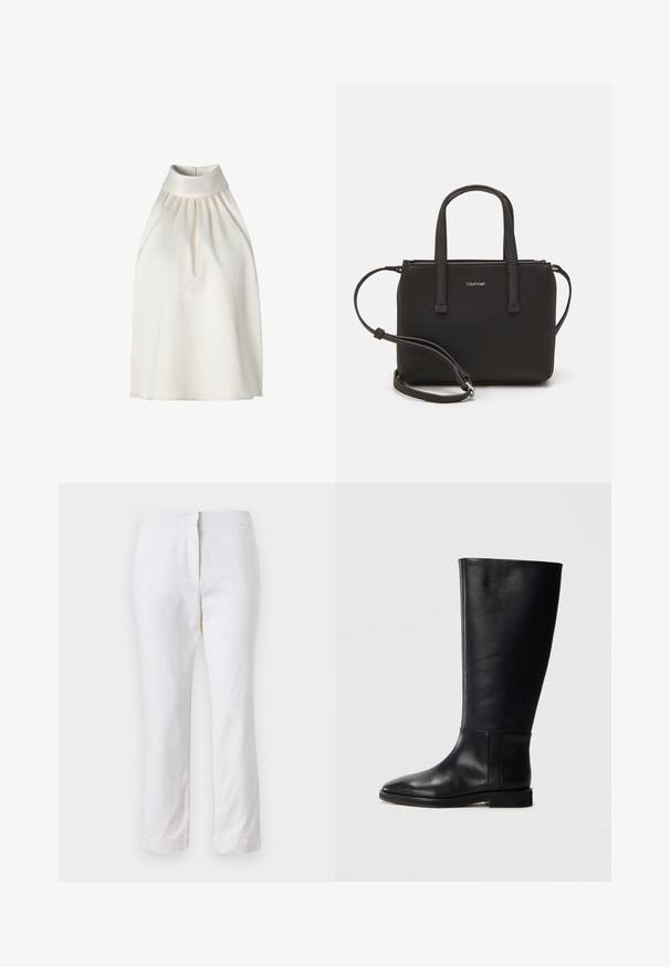 Top bez rukava s halter izrezom od glatke kremaste tkanine, ukrašen nabranim detaljima na prednjem dijelu, visokim ovratnikom i ravnom donjom ivicom.; Bijele pamučne hlače ravnog kroja, sa strukom srednje visine i bez vidljivih metalnih dijelova ili uzoraka. Glatka tekstura kroz cijelu dužinu.; Crne kožne čizme do koljena s zaobljenim vrhom, glatkom teksturom, minimalističkim dizajnom i ravnim đonom. Jednostavni šavovi na vertikalnom dijelu.; Crna torba s dva kratka ručka i uklonjivom naramenicom. Glatki materijal nalik koži s zatvaračem na zatvaranje i detaljem s logom.