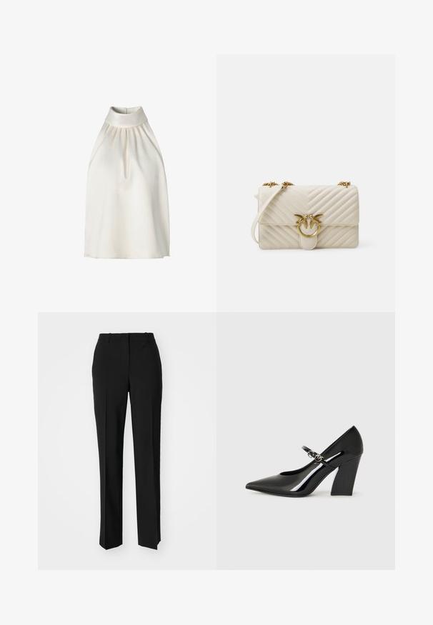 Haltersløjfe ærmeløs top i glat cremefarvet stof, med plisseringer langs forsiden, en høj krave og en lige nederkant.; Sorte skræddersyede bukser med lige ben-design, der har en glat tekstur og skarpe folder langs fronten. Ingen synlige hardware.; Sorte patentlæder højhælede sko med spids tå, chunky hæl og en rem med metalhardwaredetalje.; Quilted cremegulvtaske med en guld fugleformet lukning, kædetræk og tekstureret chevron-design. Har en flaplukning og kompakt form.